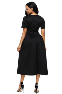 Sexy Black Split Neck Short Sleeve Midi Dress with Bowknots