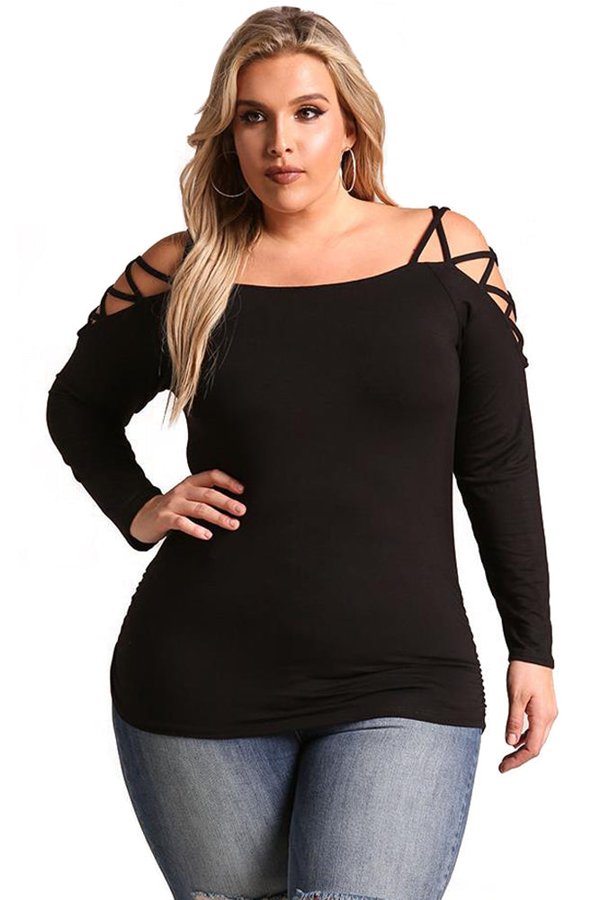 Sexy Black Strappy Crisscross Cold Shoulder Plus Size Top SEXY AFFORDABLE CLOTHING Sexy Black Strappy Crisscross Cold Shoulder Plus Size Top SEXY AFFORDABLE CLOTHING