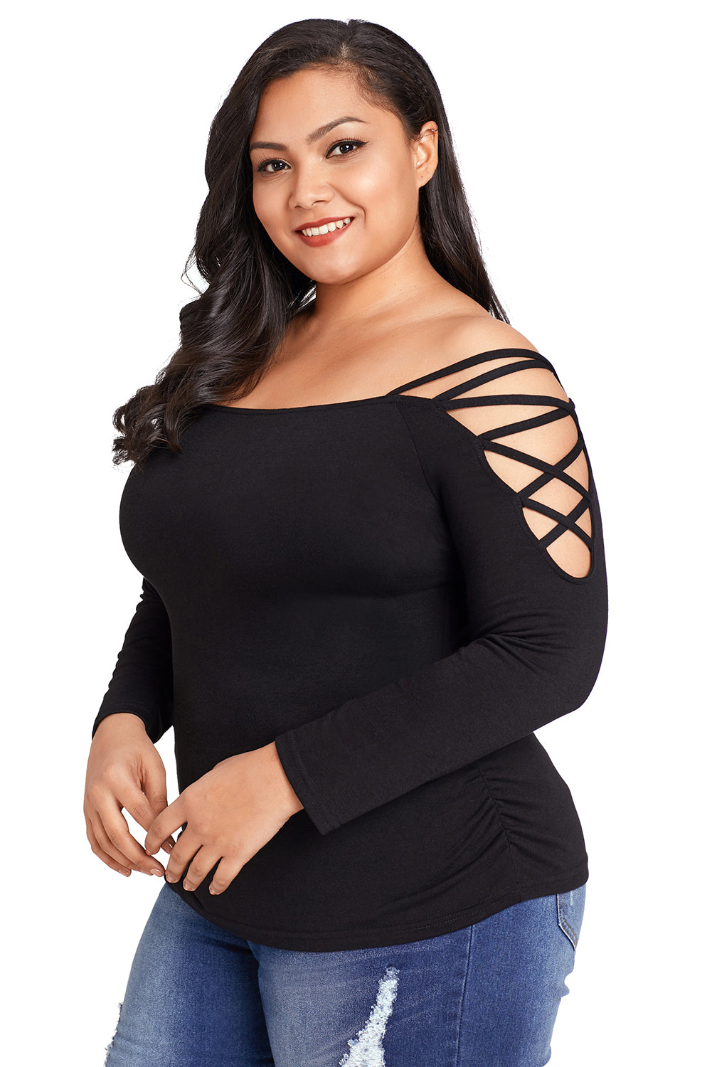 Sexy Black Strappy Crisscross Cold Shoulder Plus Size Top – SEXY