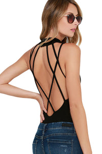 Sexy Black Strappy Hollow-out Back Bodysuit
