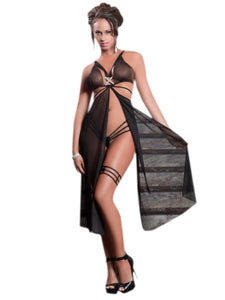 Sexy Black Strappy Mesh Flyaway Gown Set