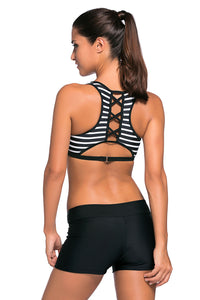 Sexy Black Stripe Patten Sport Bra Swim Trunk 2pcs Swimsuit
