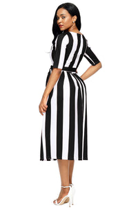 Sexy Black Stripe Print Half Sleeve Belted Dress