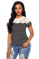 Sexy Black Striped Cap Sleeve Top with Lace Detail