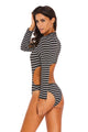 Sexy Black Striped Open Back Long Sleeves Bodysuit