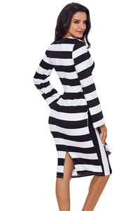 Sexy Black Striped Ruffle Side Back Slit Long Sleeve Midi Dress