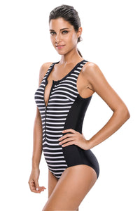 Sexy Black Striped Sleeveless Rashguard One Piece Swimsuit
