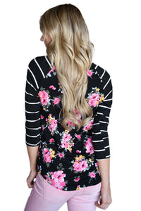 Sexy Black Striped Sleeves Floral Top