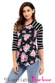 Sexy Black Striped Sleeves Floral Top