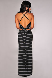 Sexy Black Striped Twist Cut-Out Back Maxi Dress