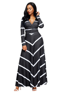 Sexy Black Striped V Neck Long Sleeve Maxi Dress