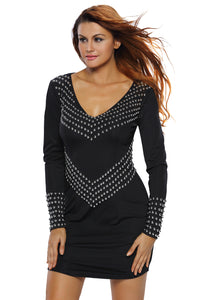 Sexy Black Studded Long Sleeve Mini Dress