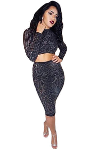 Sexy Black Studded Long Sleeve Two Piece Skirt Set