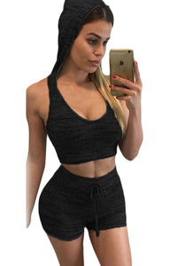 Sexy Black Stylish Casual Hooded Crop Vest Short Set