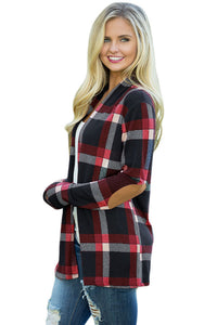 Sexy Black Suede Elbow Patch Long Sleeve Plaid Cardigan