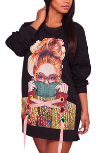 Sexy Black Sweater Girl Graphic Sweatshirt Dress