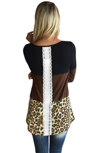 Sexy Black Taupe Block Leopard Splice Long Sleeve Top
