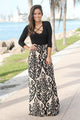 Sexy Black Taupe Printed Maxi Dress with Criss Cross Top