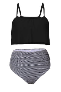Sexy Black Top and Striped Bottom High Waist Swimwear