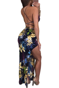 Sexy Black Tropical Floral Print Hot Sexy Two Piece Dress