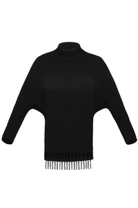 Sexy Black Turtleneck Fringe Hemline Tunic Sweater