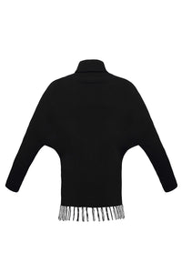 Sexy Black Turtleneck Fringe Hemline Tunic Sweater