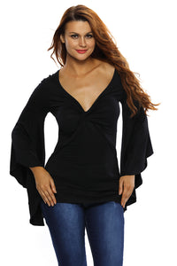 Sexy Black Twisted Plunge Long-Sleeve Top