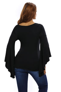 Sexy Black Twisted Plunge Long-Sleeve Top