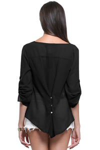 Sexy Black V-Neck Button Detail Dip Back Blouse Top