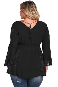 Sexy Black V Neck Lace Insert Bell Sleeves Babydoll Plus Top