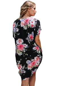 Sexy Black V Neck Pocket Floral Print Boho Dress