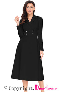 Sexy Black Vintage Button Collared Fit-and-flare Dress