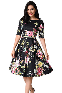 Sexy Black Vintage Style Floral Half Sleeve Swing Dress