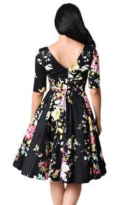 Sexy Black Vintage Style Floral Half Sleeve Swing Dress