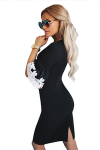 Sexy Black White Bodycon Ruffle Sleeve Cuff Midi Dress