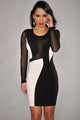 Sexy Black White Color-Block Mesh Sleeves Bodycon Dress
