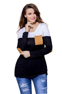 Sexy Black White Color Block Patch Insert Long Sleeve Blouse Top