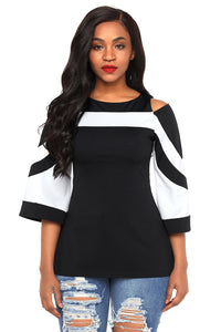 Sexy Black White Colorblock Bell Sleeve Cold Shoulder Top