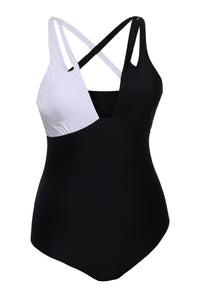 Sexy Black White Double Cross Strap One Piece Swimsuit