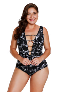 Sexy Black White Marble Print Strappy V Neck Teddy Swimsuit