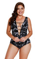 Sexy Black White Marble Print Strappy V Neck Teddy Swimsuit