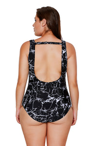 Sexy Black White Marble Print Strappy V Neck Teddy Swimsuit