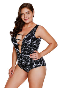 Sexy Black White Marble Print Strappy V Neck Teddy Swimsuit