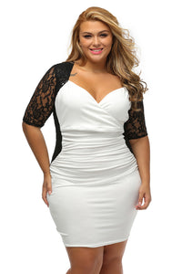 Sexy Black White Ruched Lace Illusion Plus Dress