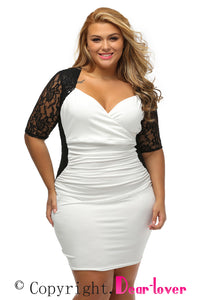 Sexy Black White Ruched Lace Illusion Plus Dress