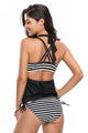 Sexy Black White Striped Bathing Suit with Halter Beach Cover Top