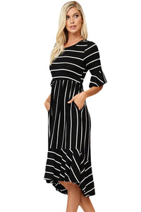 Sexy Black White Striped Bell Sleeve Hi-low Midi Dress