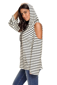 Sexy Black White Striped Cold Shoulder Long Sleeve Top