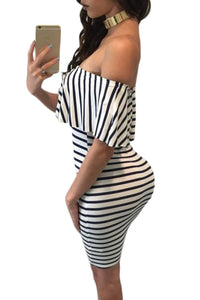 Sexy Black White Striped Off-shoulder Bodycon Dress