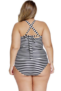 Sexy Black White Striped Plus Size Tankini